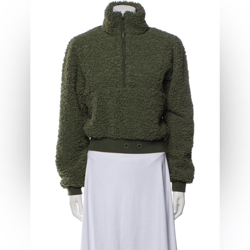 For Love & Lemons Olive Green Shearling Sherpa Teddy Crop Jacket Sweatshirt